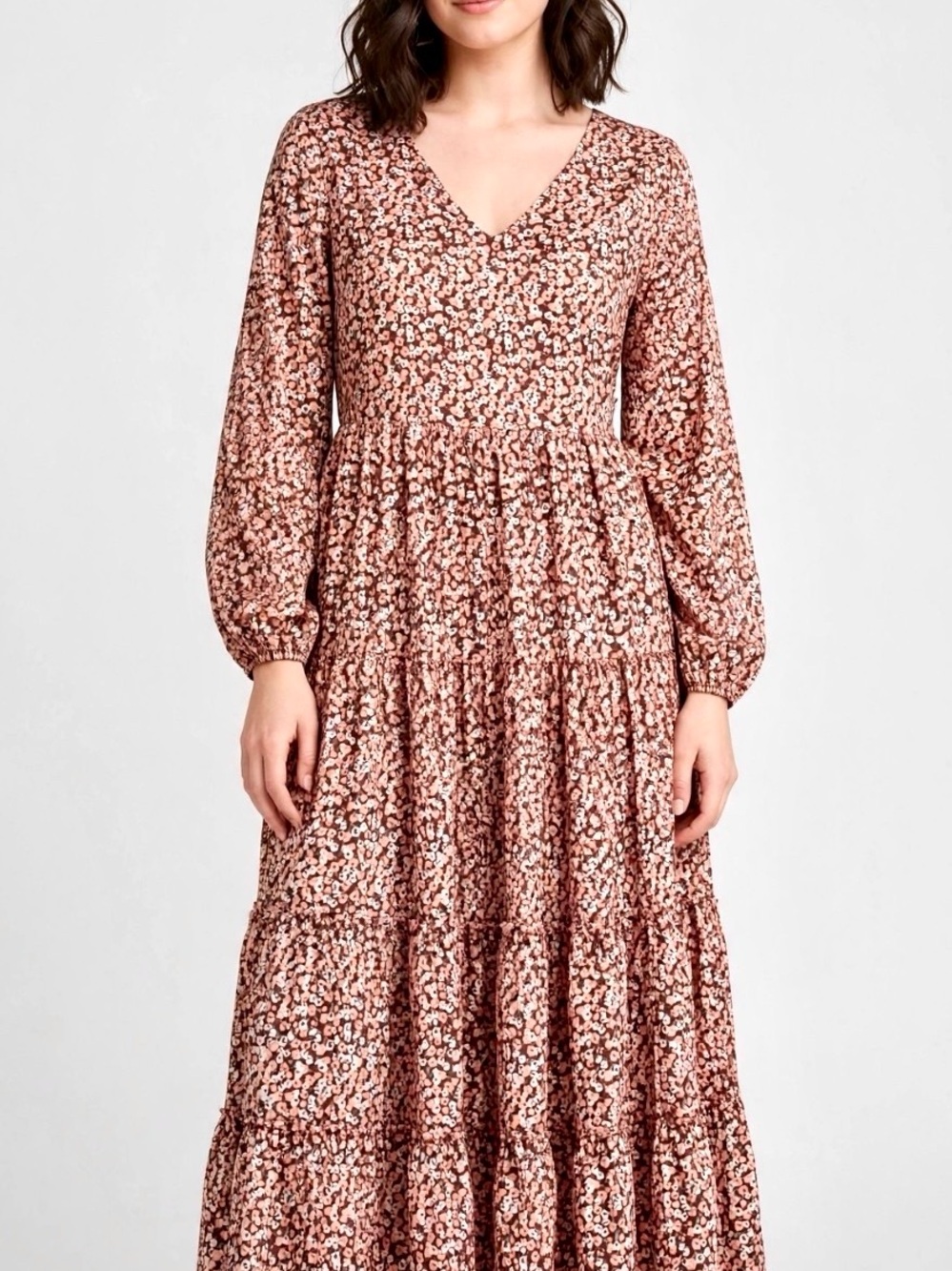 Women's Pink Floral Tiered V-Neck Maxi Dress M